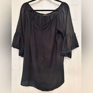 New Glory Off the Shoulder Top 1X Black Flattering A-Line Bell Lace Sleeve